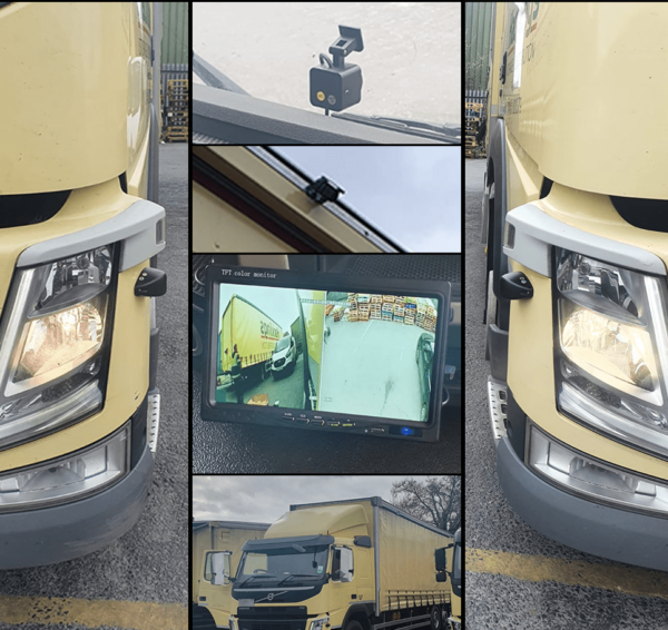 Photo collage showing DVR cameras installed on a lorry
