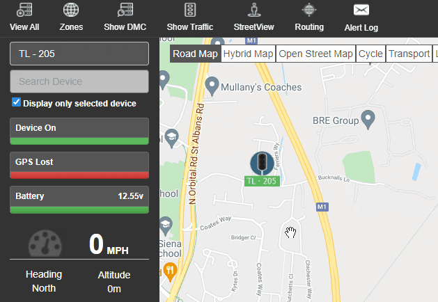 Traffic light tracking system showing battery voltage levels