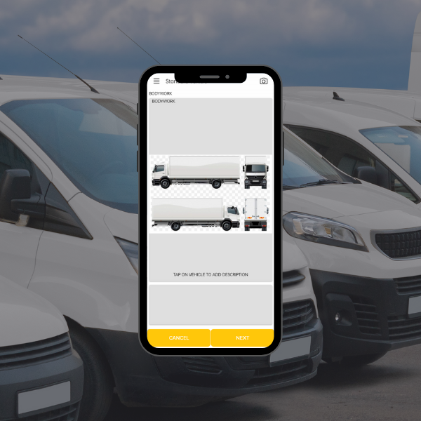 A mobile phone in front of a fleet of vans showing a digital audit in the vehicle safety check app