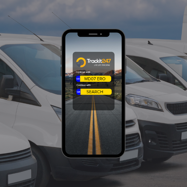A mobile phone in front of a fleet of vans showing the home page of the vehicle safety check app