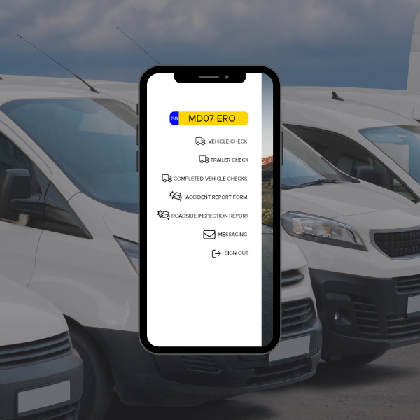 A mobile phone in front of a fleet of vans showing the menu page of the vehicle safety check app